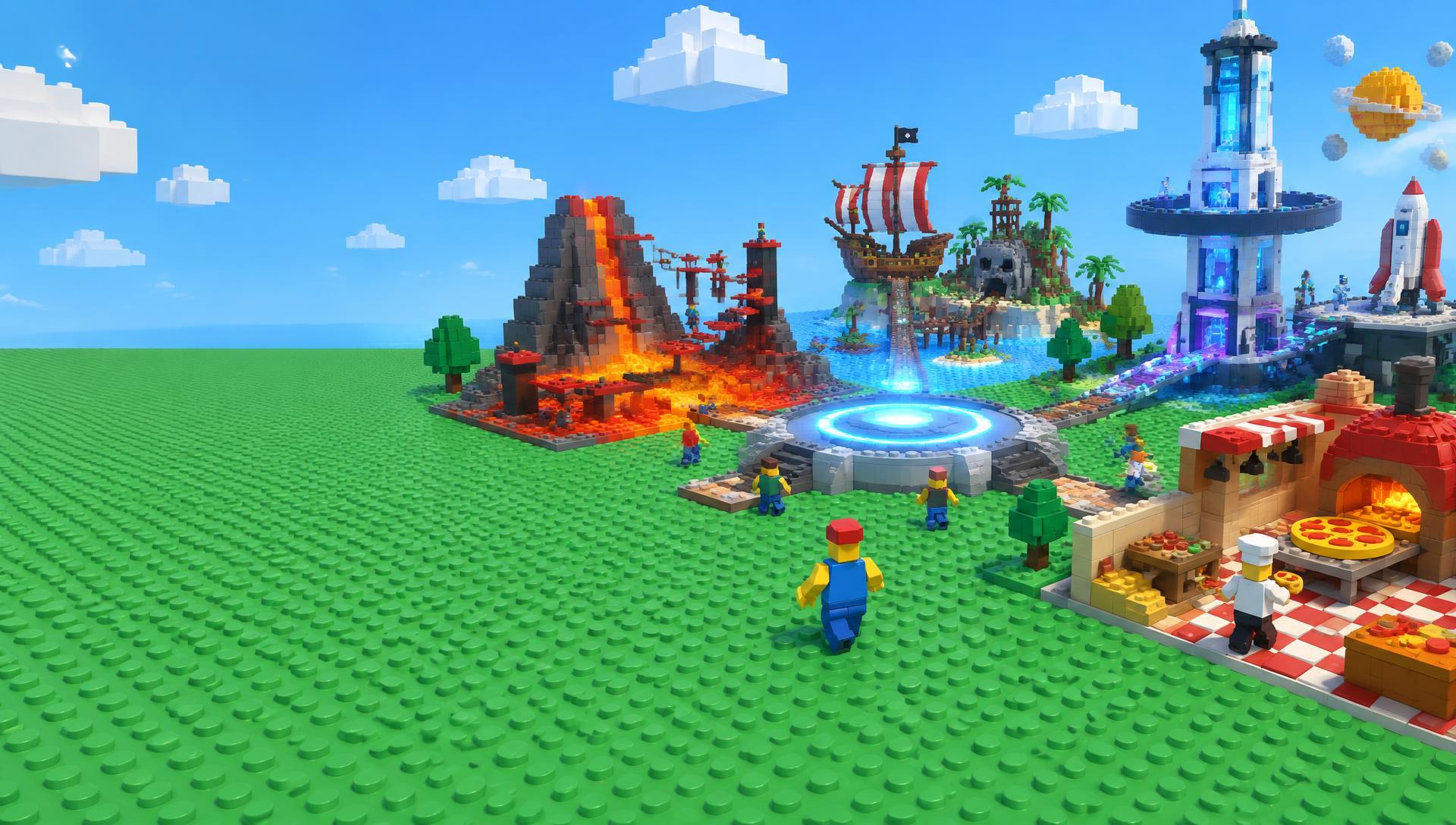 A blocky toy world with half-built games around a glowing spawn pad